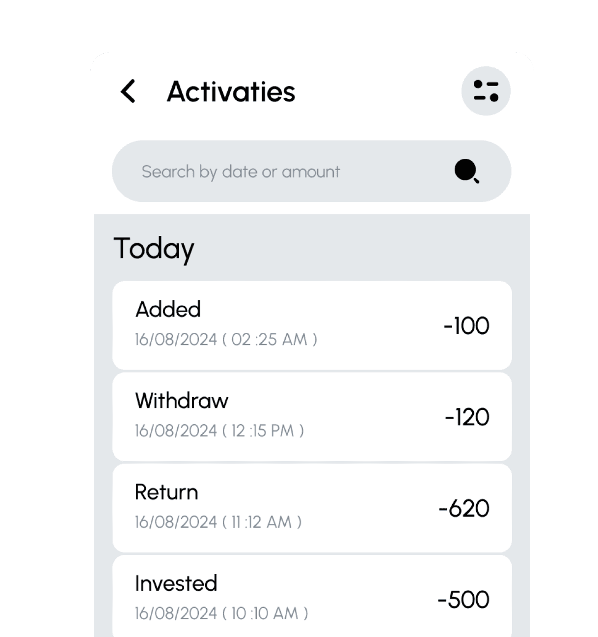 Activities transaction list interface
